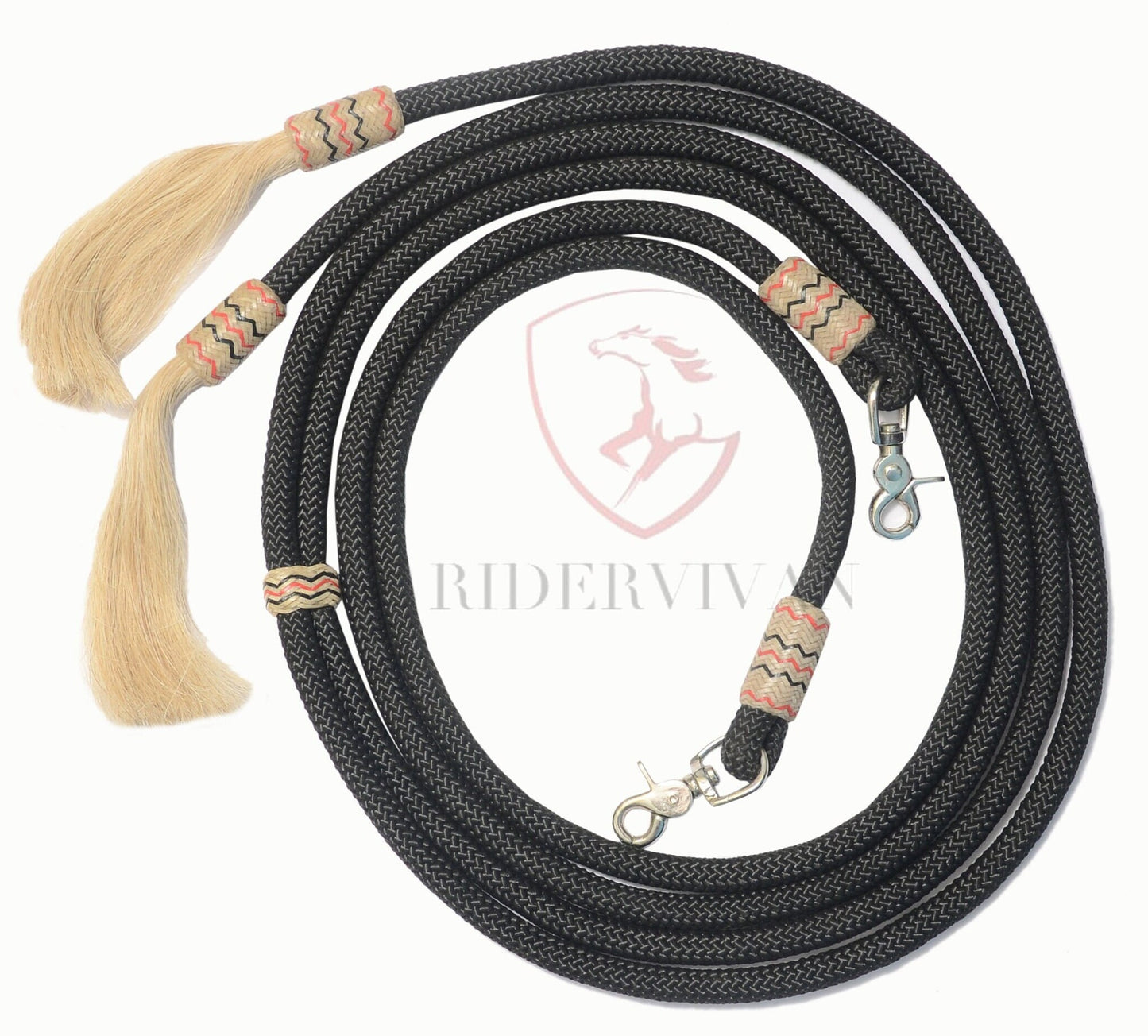 Nylon Split Reins With Knot, Black Polyester Split Reins with Snaps, Split Reins With Horse Hair Tassels.