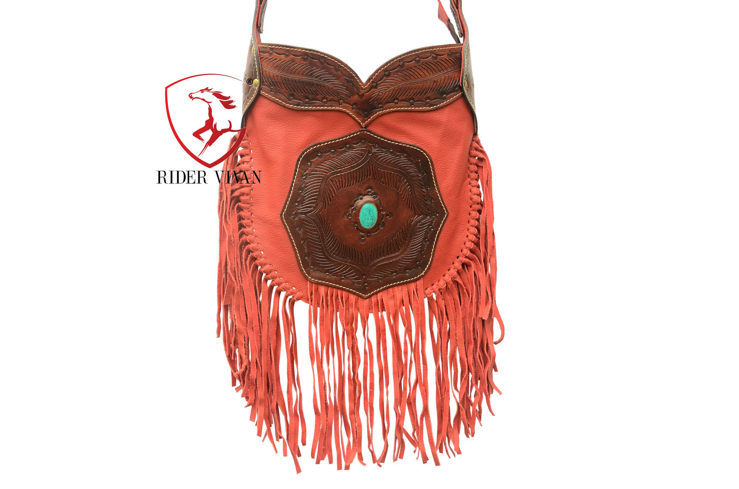 Western Bag Crossbody- Red Leather Fringe with Turquoise Stone & Hand Tooled Leather Bag.