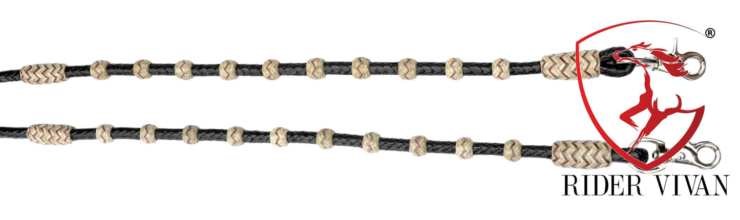 Split Reins Soft Leather, Dark Chocolate Brown & Natural Knot Split Reins, 8 Plaits Split Reins With Snaps and Tassels.