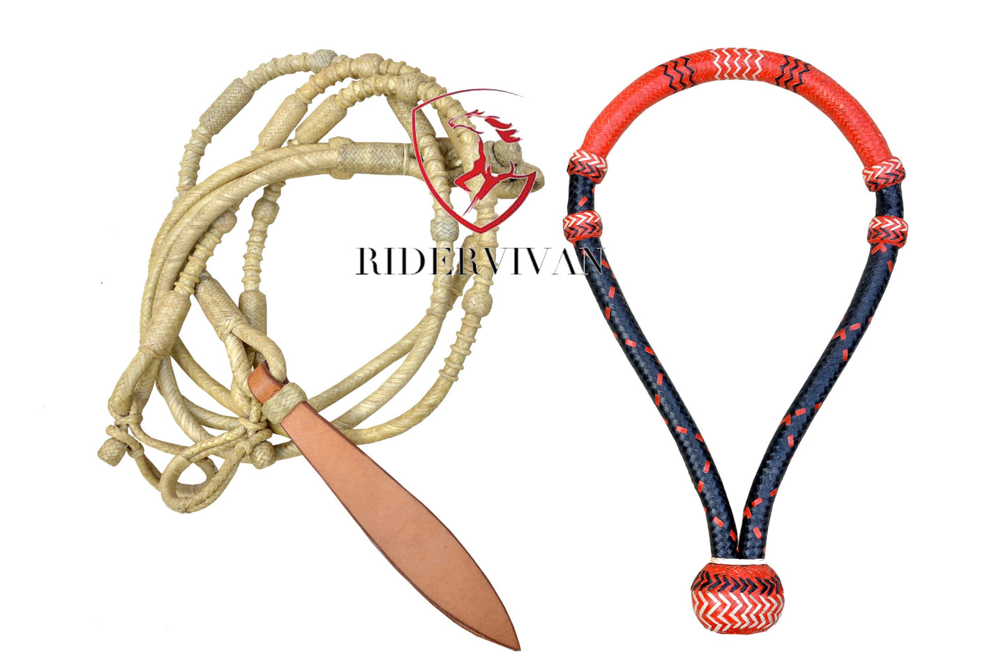 COMBO OFFER! Black/Red Rawhide Bosal & Natural Rawhide Romal Reins
