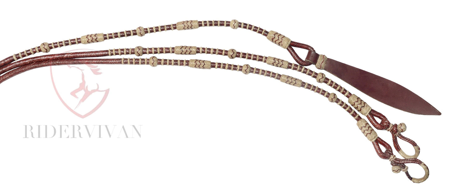 20 Plaits Romal Reins California Style, Romal Reins Chestnut Cherry Rawhide, 55" With Reins Connectors, Specially Hand-Crafted Braided Reins