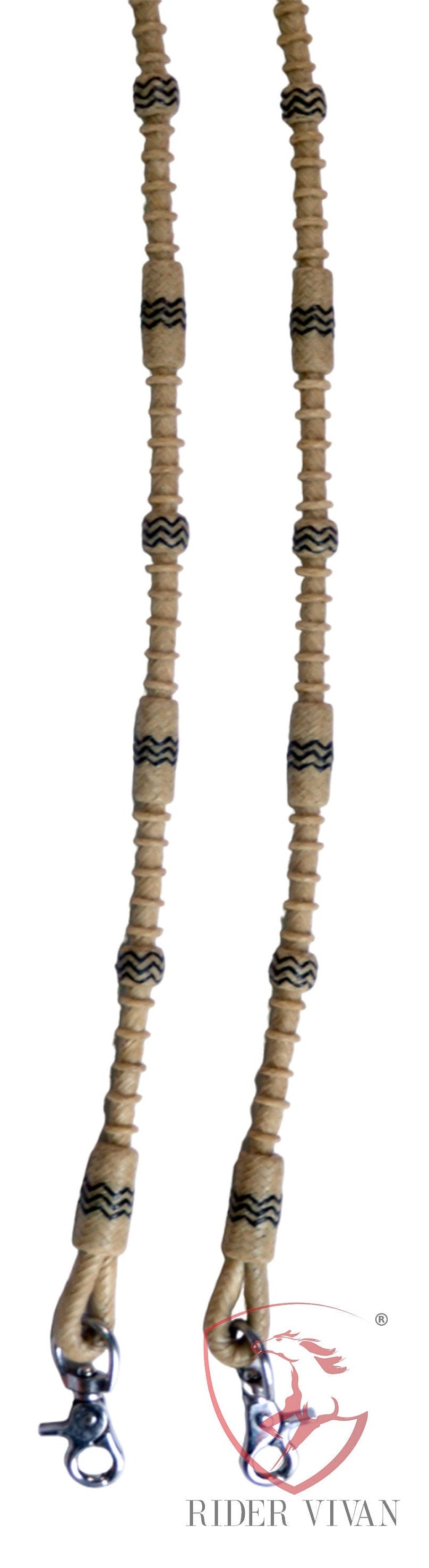 16 Plait Split Reins, Split Reins Natural Rawhide & Dark Brown Weaving, Split Reins With Snaps and Tassels.