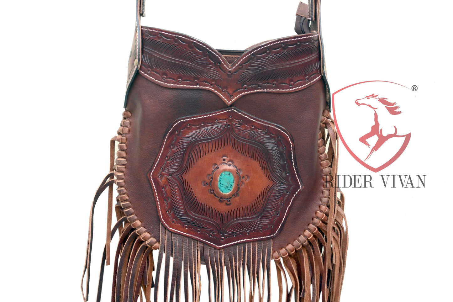 Cow Leather Fringe Bag, Crossbody Bag with Turquoise Stone, Country Western Cowgirl Gypsy Bag, Hand Tooled Leather, 11" x 13"