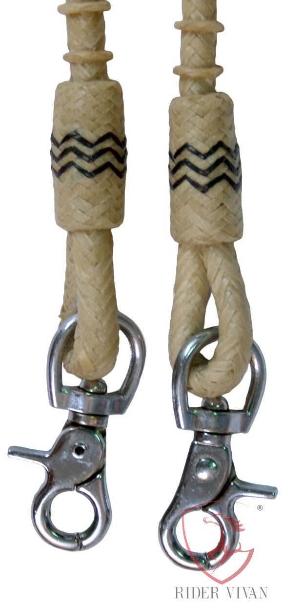 16 Plait Split Reins, Split Reins Natural Rawhide & Dark Brown Weaving, Split Reins With Snaps and Tassels.