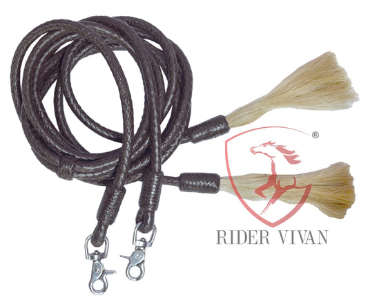 Horse Split Reins Soft Leather, Dark Chocolate Brown Split Reins, 8 Plaits Split Reins With Snaps and Tassels.