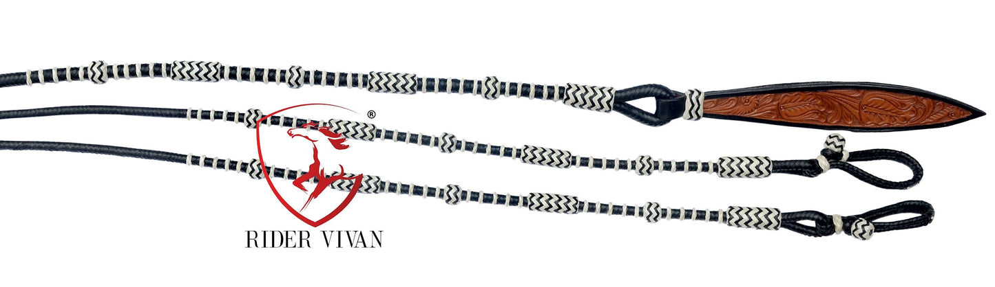 10 Plaits Soft Leather Rommel Reins, Black Rawhide Knot and White Weaving Reins, 55"  Reins With Connectors, Hand Braided Romal Reins.
