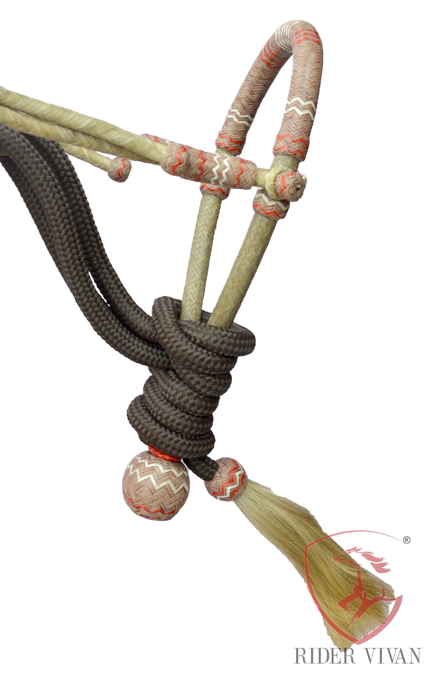 Handmade Bosal Set, 40 Plaits Rawhide Natural & Chestnut Cherry Bosal Set, Bosal Set With Brown Nylon Mecate Rein With Horse Hair Tassel.