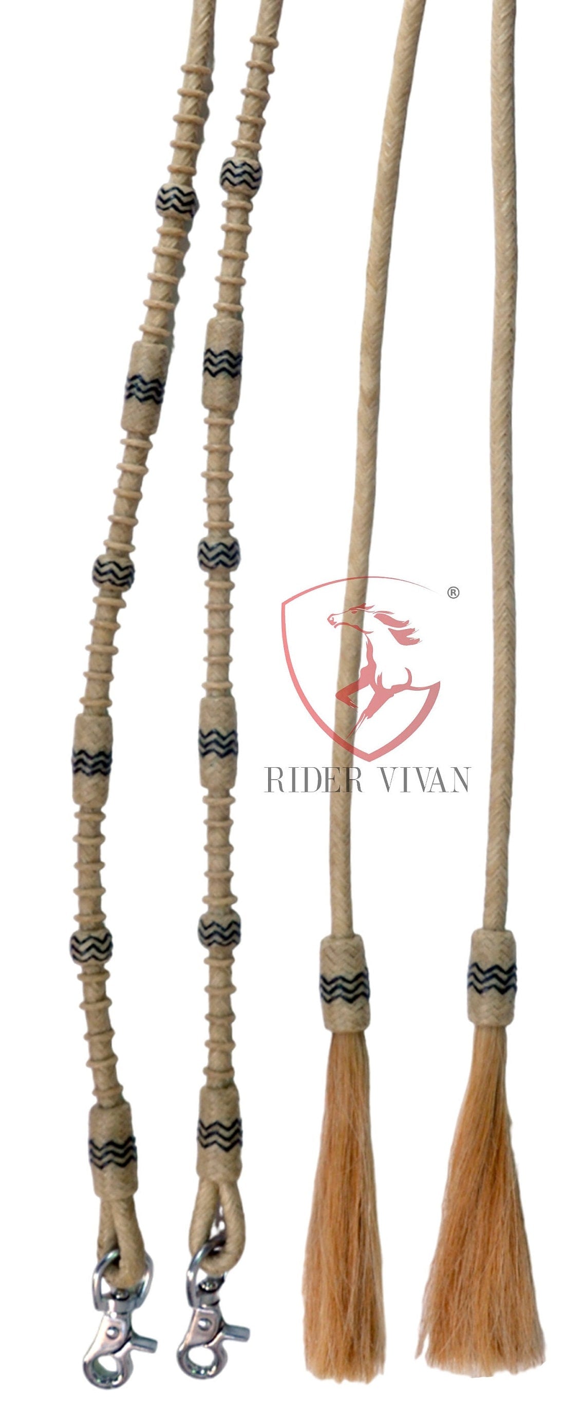 16 Plait Split Reins, Split Reins Natural Rawhide & Dark Brown Weaving, Split Reins With Snaps and Tassels.