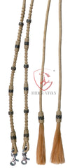 16 Plait Split Reins, Split Reins Natural Rawhide & Dark Brown Weaving, Split Reins With Snaps and Tassels.