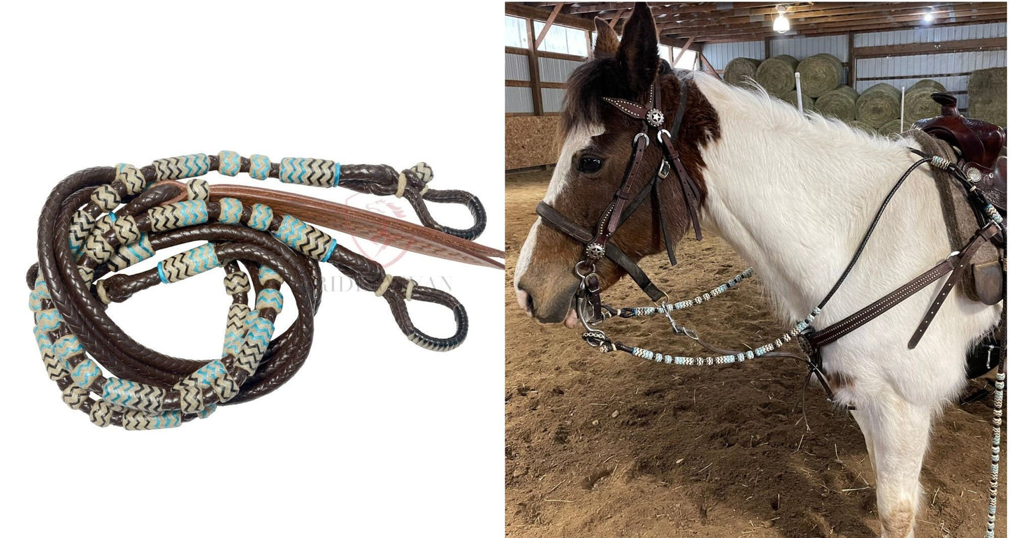 Romel Reins 10 plait Regular 55", Brown Soft Leather Romal Reins, Romel Romal Reins with reins connectors.