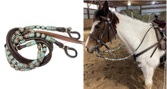 Romel Reins 10 plait Regular 55", Brown Soft Leather Romal Reins, Romel Romal Reins with reins connectors.