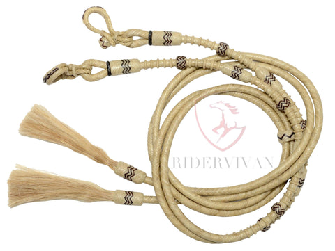 Horse Split Reins, Split Reins Natural Rawhide & Dark Brown Weaving, Split Reins With Horse Hair Tassels, Hand Braided Split Reins.