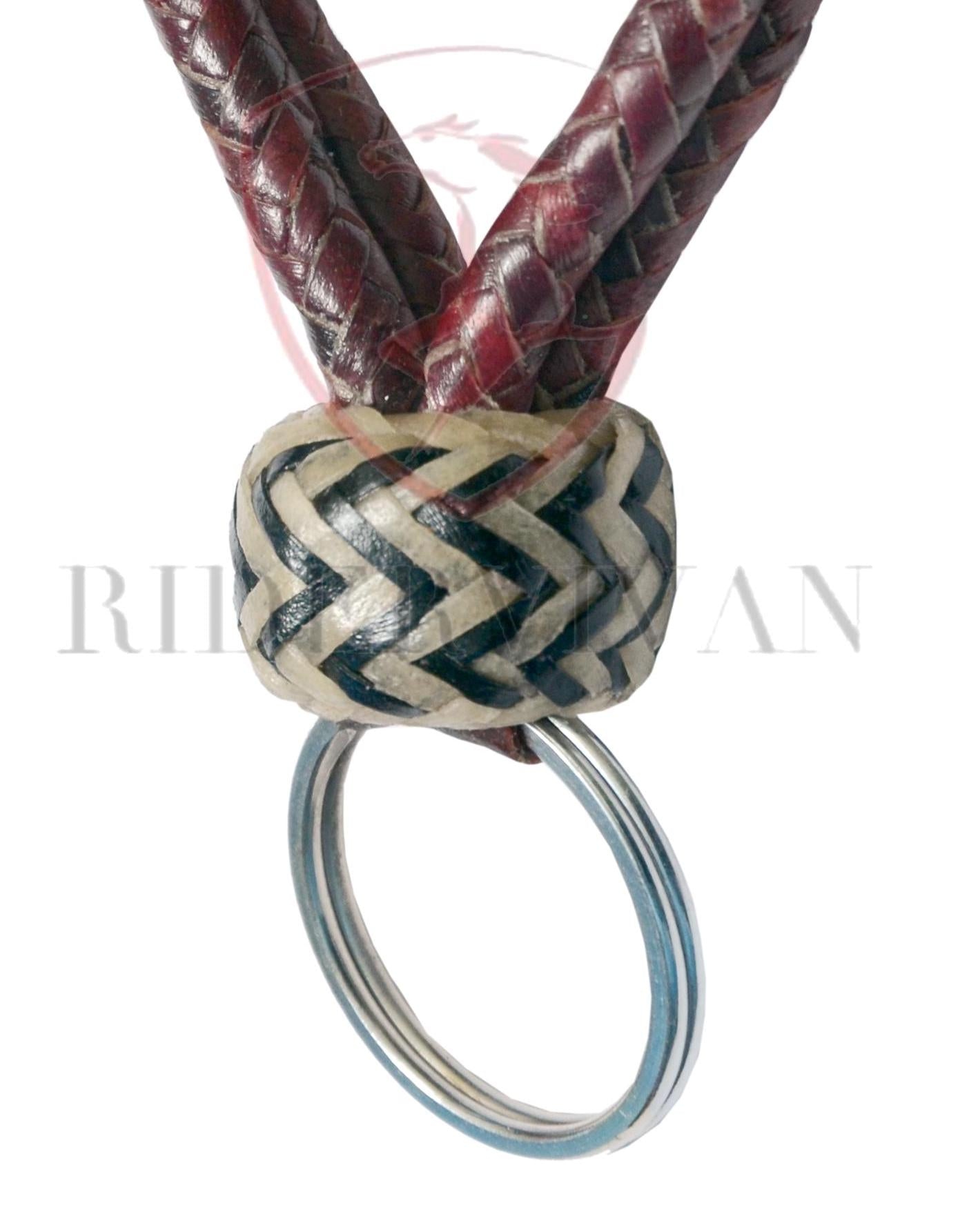Designer Handmade Braided KeyRing Natural Rawhide & Cherry Red Pattern
