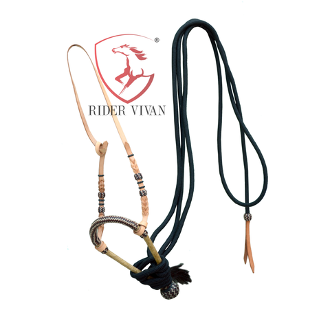 5/8" Western Bosal Set, 40 Plaits  Rawhide Natural & Black Knot Bosal Set, Bosal Set With Black Nylon Mecate Reins, High-Quality Bosal Set.