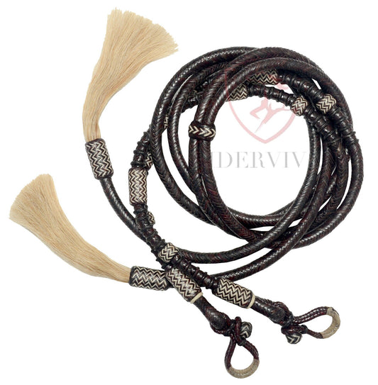 Hand-Braided Split Reins Dark Chocolate Brown Rawhide & Natural Weaving With Mane Horse Hair Tassels. Shipping free