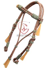 Handcrafted Headstall, Chestnut Rawhide and Black Knotted Headstall, 16 Plaits Headstall, Mane Horse Hair Tassels Headstall.