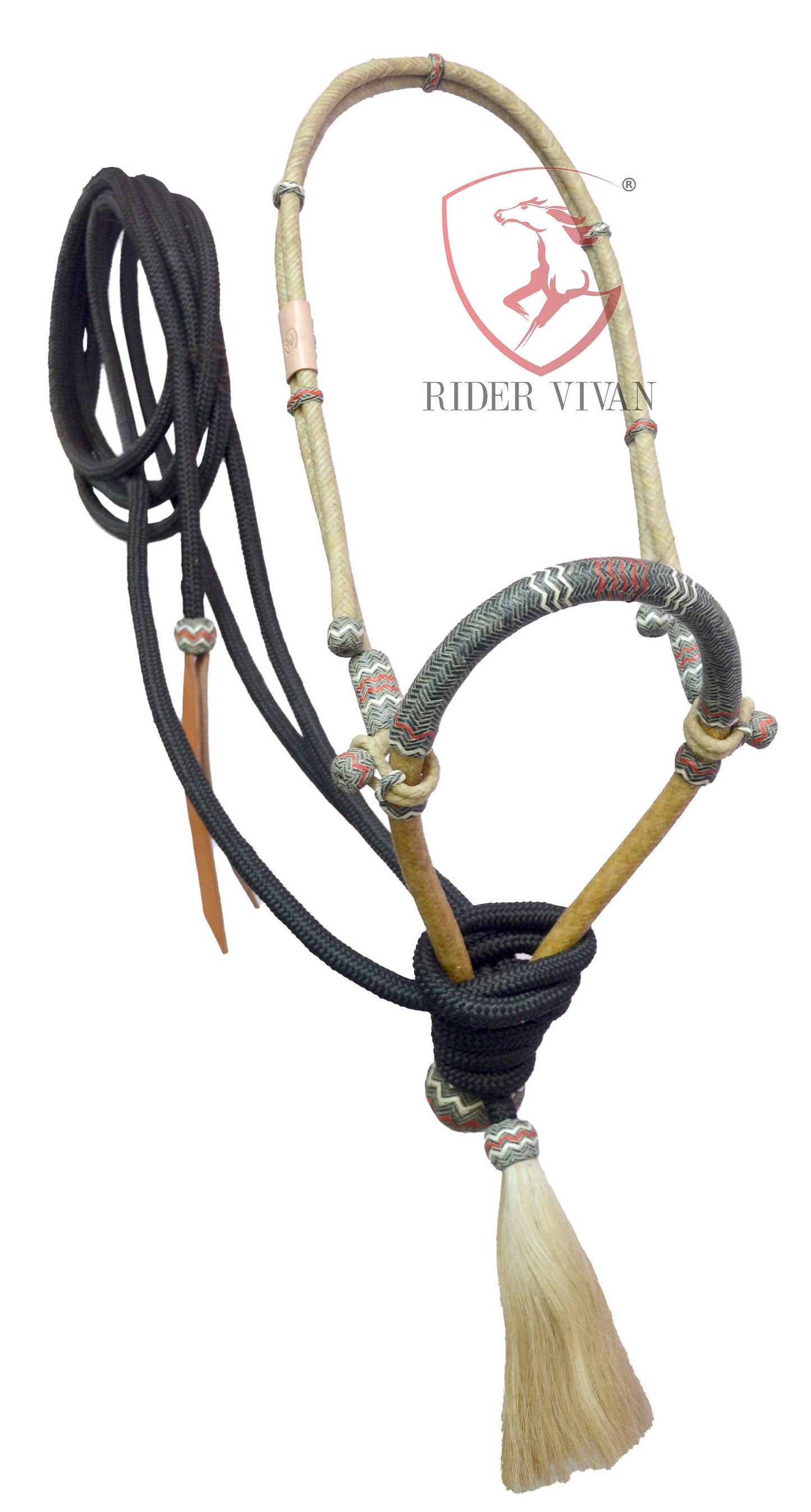 Handmade Bosal Set, 40 Plaits Rawhide Natural & Black Bosal Set, Bosal Set With Black Nylon Mecate Rein.
