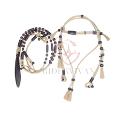 Romel Reins 20 plait With Rawhide Headstall, Regular 55" Rawhide Romal Reins, Natural & Black Rawhide Romal Reins With Headstall.