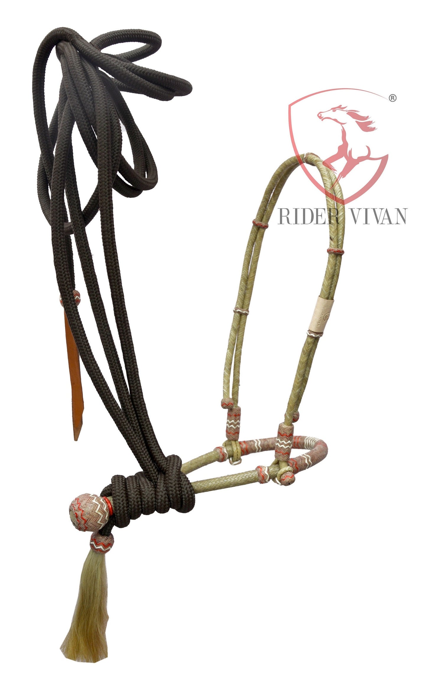 Handmade Bosal Set, 40 Plaits Rawhide Natural & Chestnut Cherry Bosal Set, Bosal Set With Brown Nylon Mecate Rein With Horse Hair Tassel.
