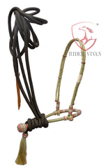 Handmade Bosal Set, 40 Plaits Rawhide Natural & Chestnut Cherry Bosal Set, Bosal Set With Brown Nylon Mecate Rein With Horse Hair Tassel.