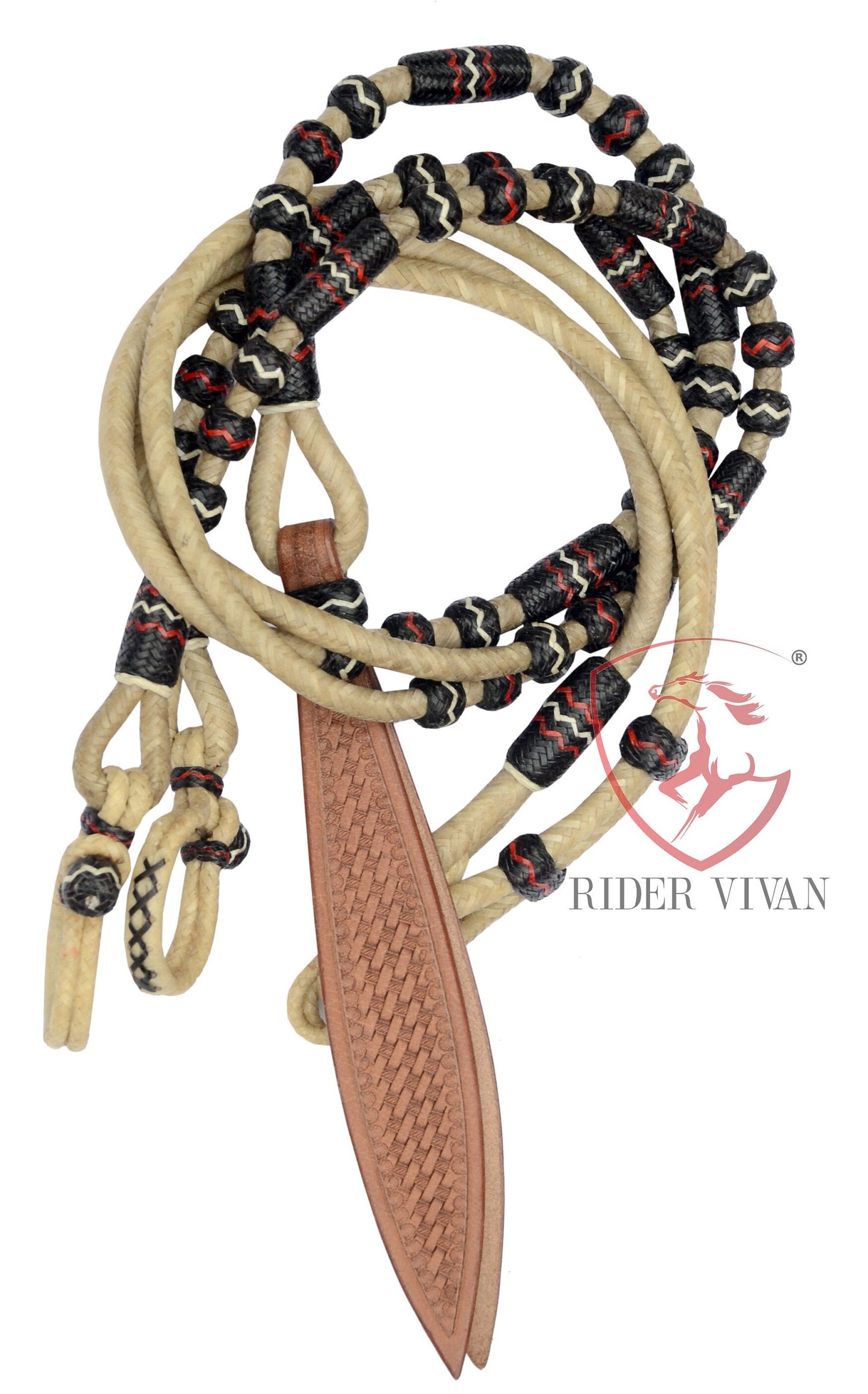 Romel Reins 20 plait With Rawhide Headstall, Regular 55" Rawhide Romal Reins, Natural & Black Rawhide Romal Reins With Headstall.