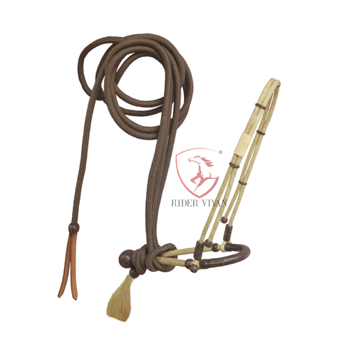 Handmade Bosal Set, Rawhide Bosal Set 40 Plaits, Bosal Set Natural & Dark Brown, Bosal Set Brown Nylon Mecate Reins.