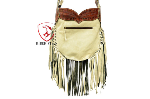 Western Tooled Bag, Crossbody Dull White Rough Out Cow Leather with Fringe and Turquoise Stone Bag