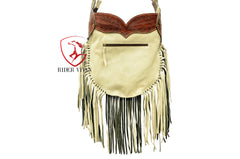 Western Tooled Bag, Crossbody Dull White Rough Out Cow Leather with Fringe and Turquoise Stone Bag