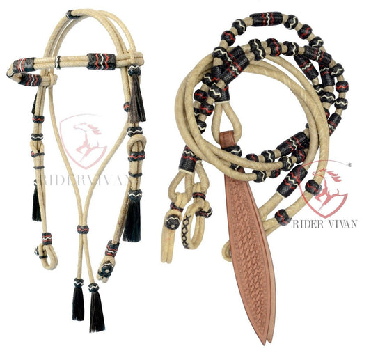 Romel Reins 20 plait With Rawhide Headstall, Regular 55" Rawhide Romal Reins, Natural & Black Rawhide Romal Reins With Headstall.