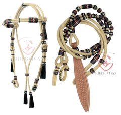 Romel Reins 20 plait With Rawhide Headstall, Regular 55" Rawhide Romal Reins, Natural & Black Rawhide Romal Reins With Headstall.