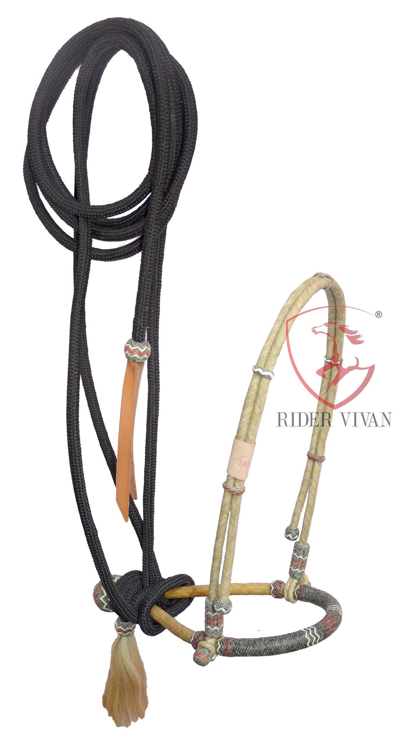 Handmade Bosal Set, 40 Plaits Rawhide Natural & Black Bosal Set, Bosal Set With Black Nylon Mecate Rein.