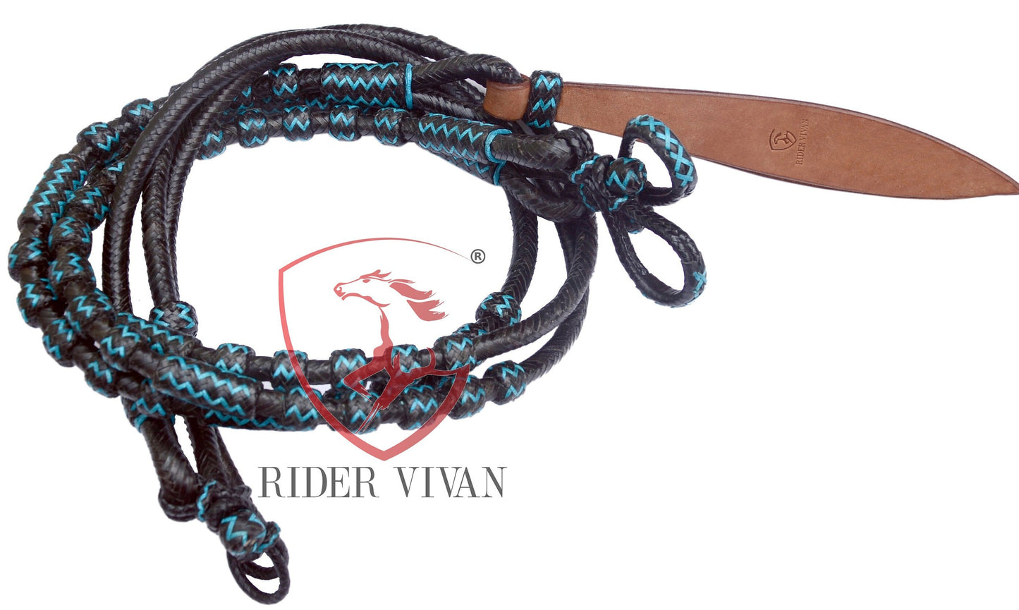 Black Rawhide Romal Reins With Two Ear Headstall, 20 Plaits Romel Reins, Romal Reins 55" With Two Ear Headstall, Hand-Braided Headstall.