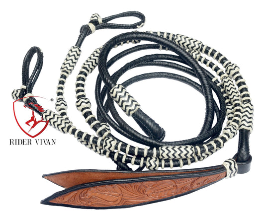 10 Plaits Soft Leather Rommel Reins, Black Rawhide Knot and White Weaving Reins, 55"  Reins With Connectors, Hand Braided Romal Reins.