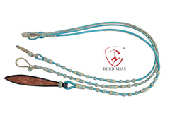 20 Plaits Romal Reins, Romal Reins Natural and turquoise Rawhide, 55" With Reins Connectors, Specially Hand-Crafted Braided Reins.