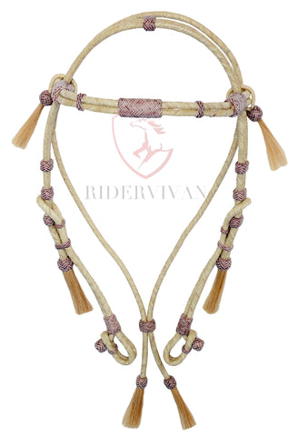 Hand-Crafted Natural Rawhide and Brown Knotted 16 Plaits Headstall with Mane Horse Hair Tassle.