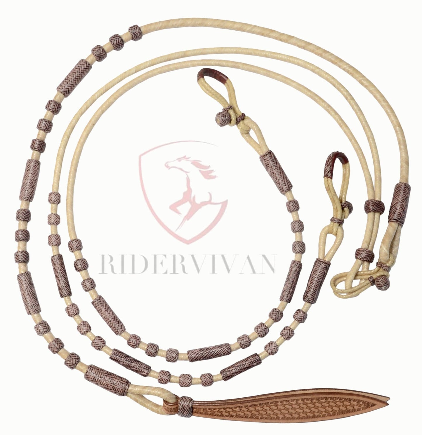 20 Plaits Romal Reins, 55" Romal Reins, Hand-Braided Romel Reins, Romel Reins Natural & Chestnut Cherry Rawhide,