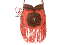 Western Bag Crossbody- Red Leather Fringe with Turquoise Stone & Hand Tooled Leather Bag.