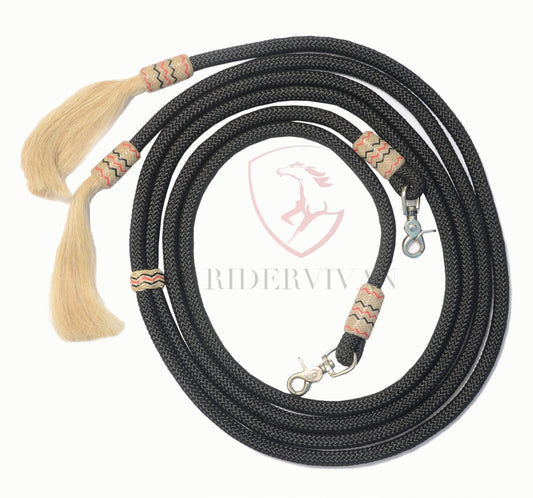 Nylon Split Reins With Knot, Black Polyester Split Reins with Snaps, Split Reins With Horse Hair Tassels.