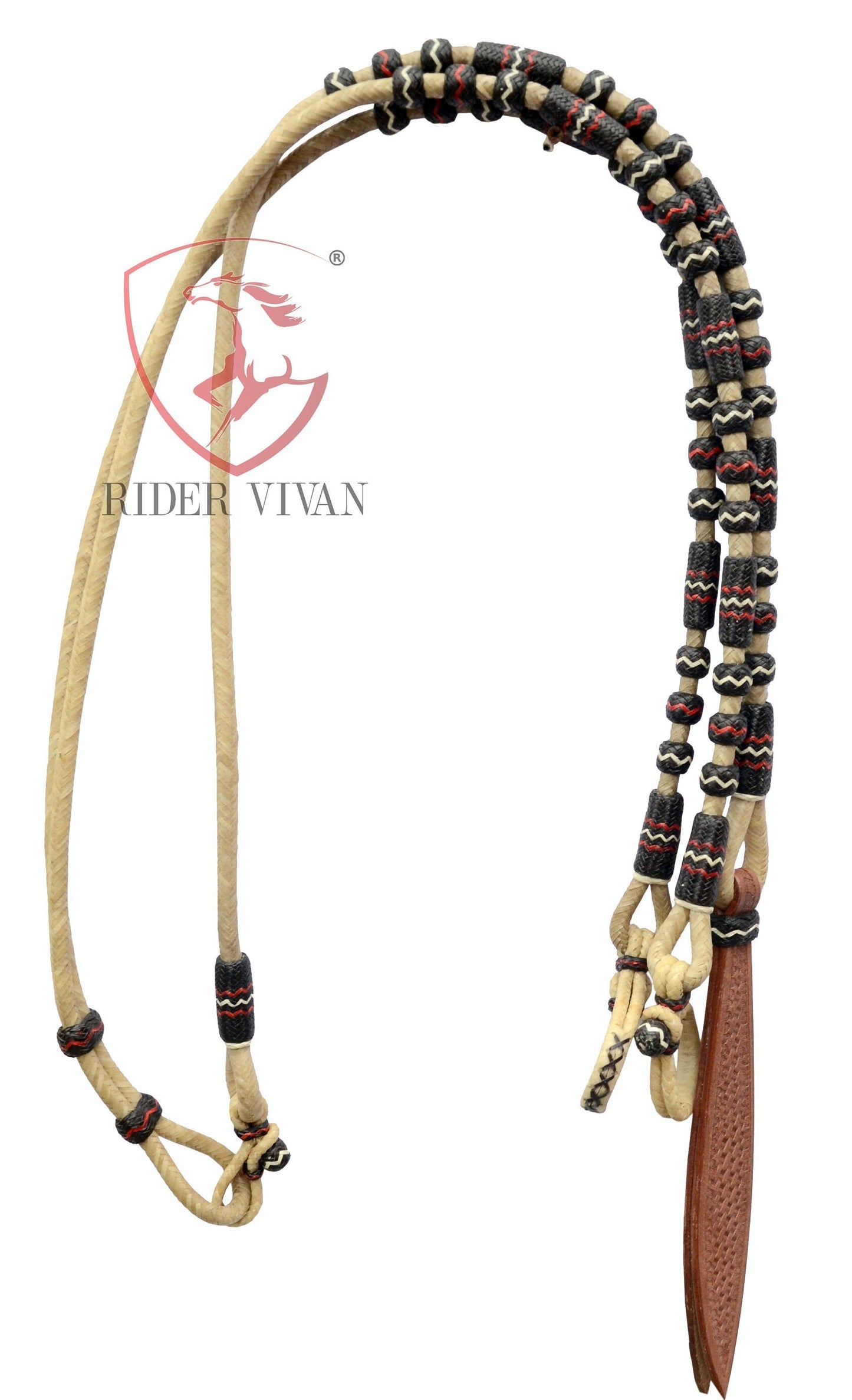 Romel Reins 20 plait With Rawhide Headstall, Regular 55" Rawhide Romal Reins, Natural & Black Rawhide Romal Reins With Headstall.