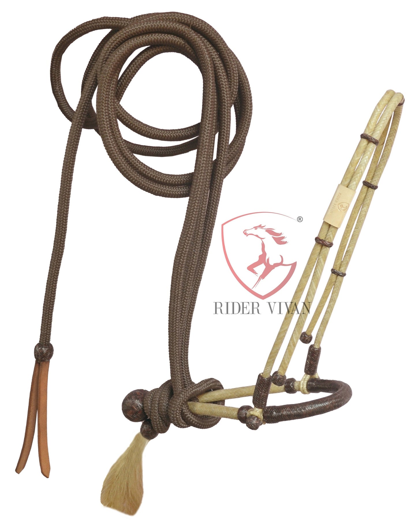 Handmade Bosal Set, Rawhide Bosal Set 40 Plaits, Bosal Set Natural & Dark Brown, Bosal Set Brown Nylon Mecate Reins.