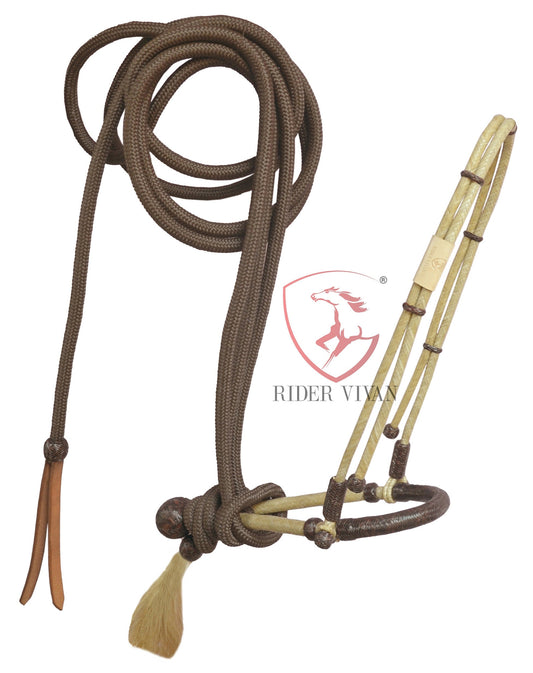 Handmade Bosal Set, Rawhide Bosal Set 40 Plaits, Bosal Set Natural & Dark Brown, Bosal Set Brown Nylon Mecate Reins.