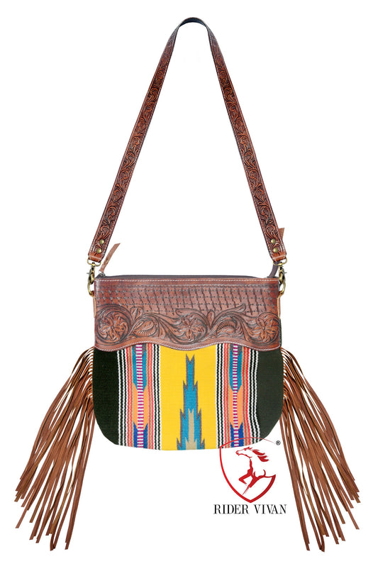 Genuine Leather Cowhide Bag, Hand Tooled Fringe Bag, Western Women’s Purse Bag, Crossbody Bag