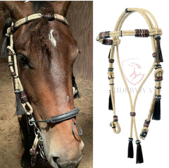 Hand-Crafted Headstall, Natural Rawhide Headstall, Black Knotted 16 Plaits Headstall, Mane Horse Hair Tassels Headstall.