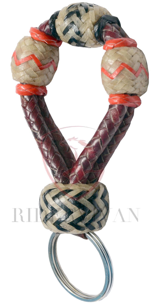 Designer Handmade Braided KeyRing Natural Rawhide & Cherry Red Pattern