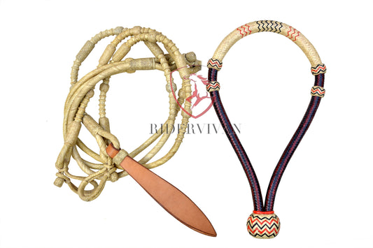 COMBO OFFER! Black/Cherry Natural Designer Bosal & Natural Rawhide Romal Reins