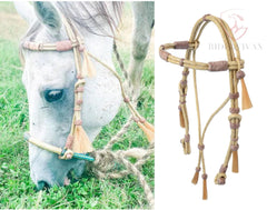 Hand-Crafted Natural Rawhide and Brown Knotted 16 Plaits Headstall with Mane Horse Hair Tassle.