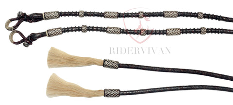 Hand-Braided Split Reins Dark Chocolate Brown Rawhide & Natural Weaving With Mane Horse Hair Tassels. Shipping free