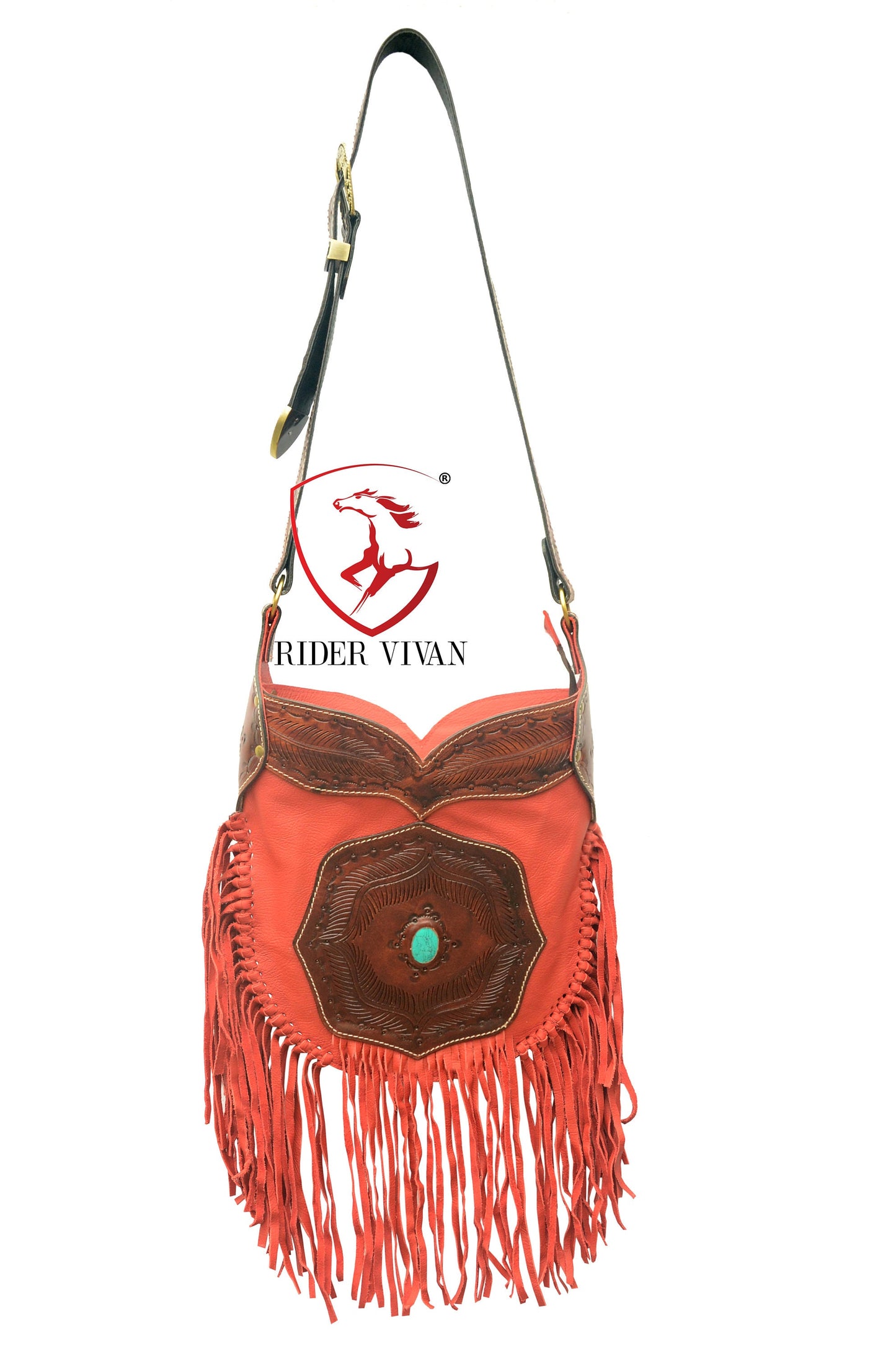 Western Bag Crossbody- Red Leather Fringe with Turquoise Stone & Hand Tooled Leather Bag.