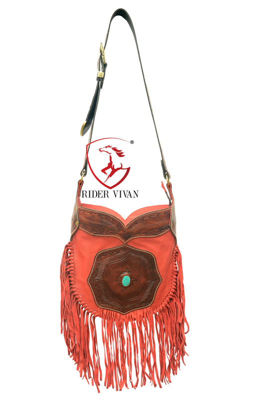 Western Bag Crossbody- Red Leather Fringe with Turquoise Stone & Hand Tooled Leather Bag.