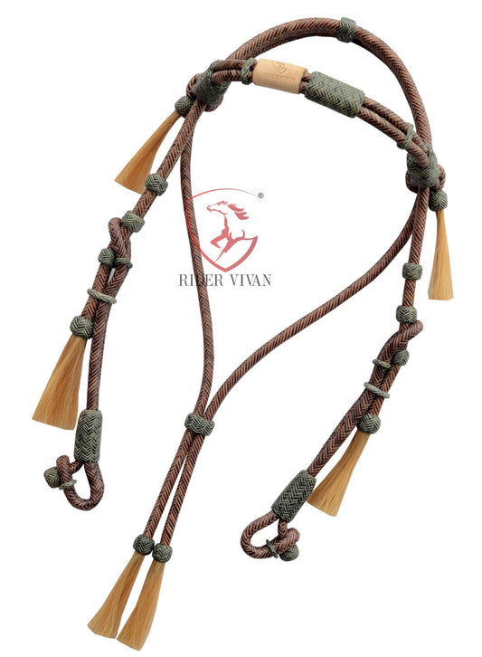 Handcrafted Headstall, Chestnut Rawhide and Black Knotted Headstall, 16 Plaits Headstall, Mane Horse Hair Tassels Headstall.
